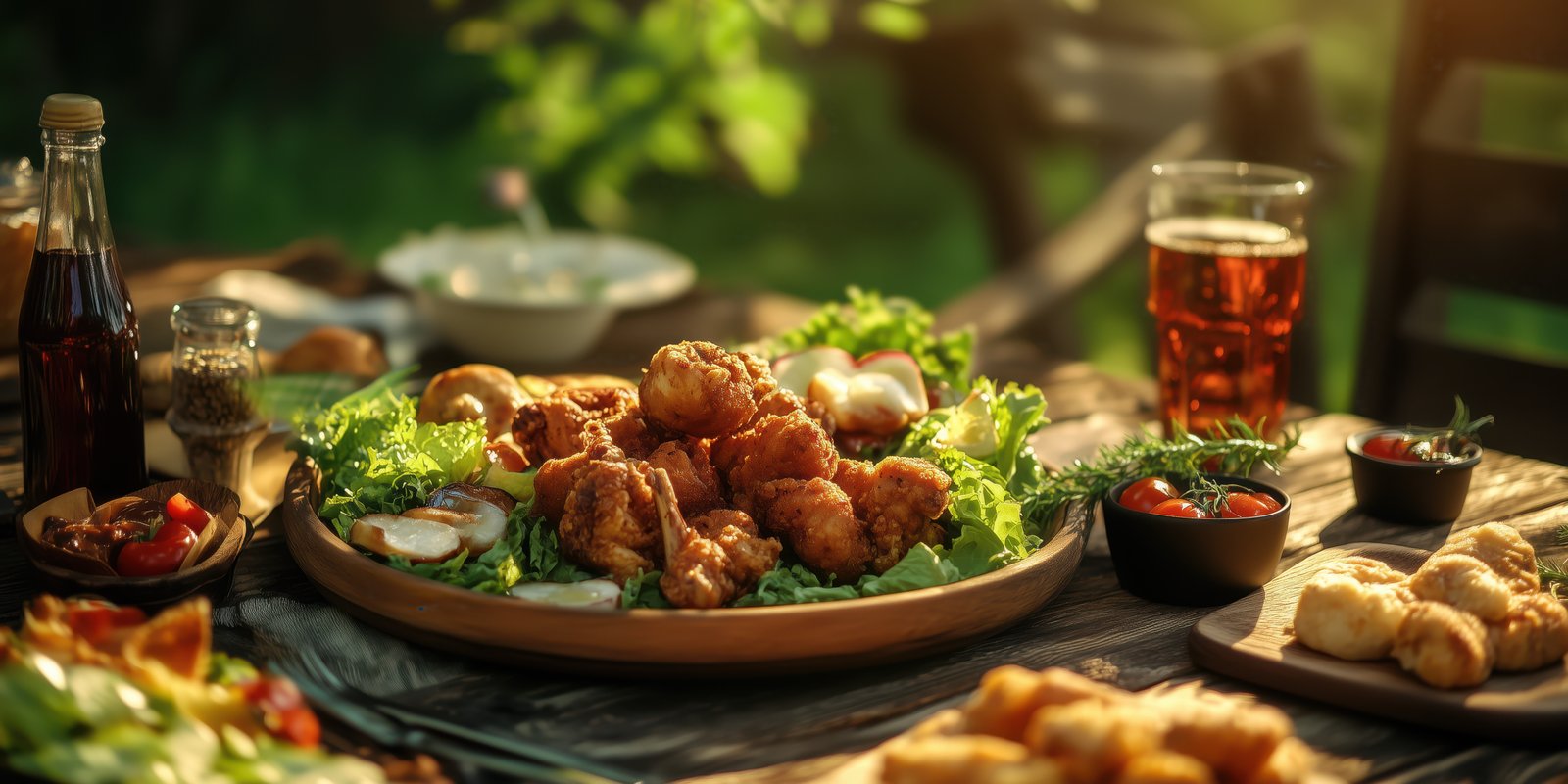 Fried chicken feast on a wooden table with drinks in a sunny outdoor setting during late afternoon